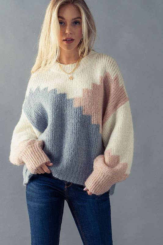 Colorblock Stair Pattern Bishop Sleeve Sweater