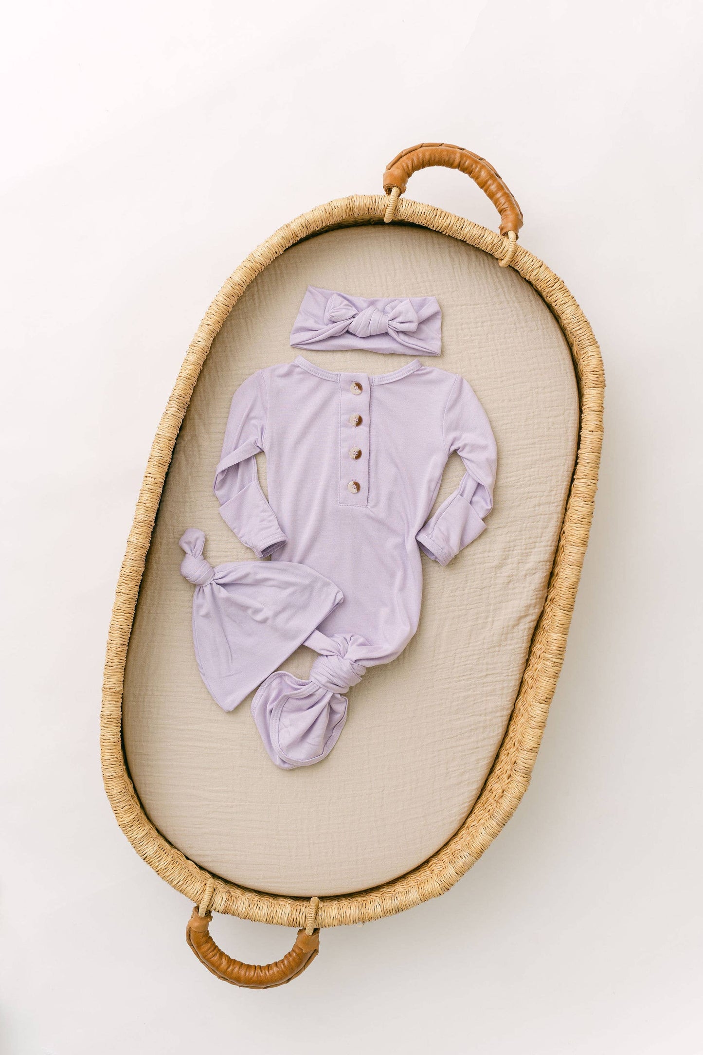 Lavender NB/3M Knot Baby Gown, Hat/Headband Set