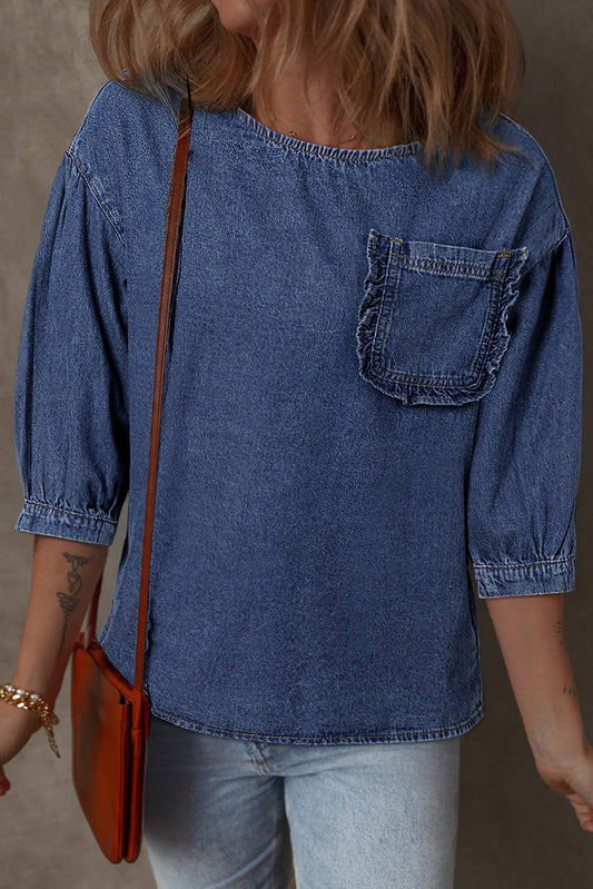 Denim Ruffled Trim Pocket 3/4 Sleeve Top
