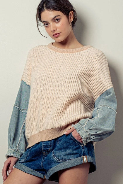 ***SALE*** Two Tone Knit Denim Sleeve Drop Shoulder Sweater