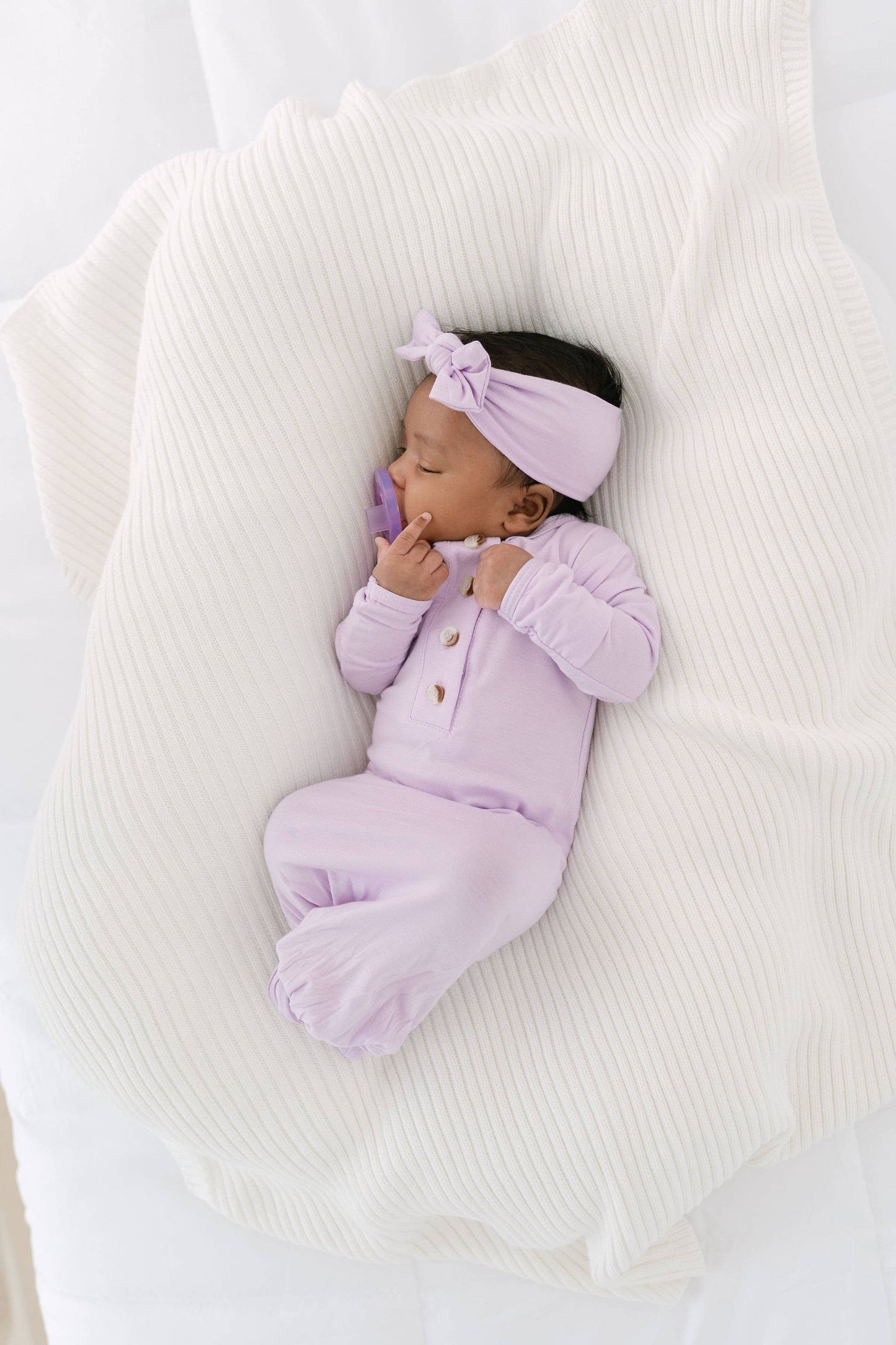 Lavender NB/3M Knot Baby Gown, Hat/Headband Set