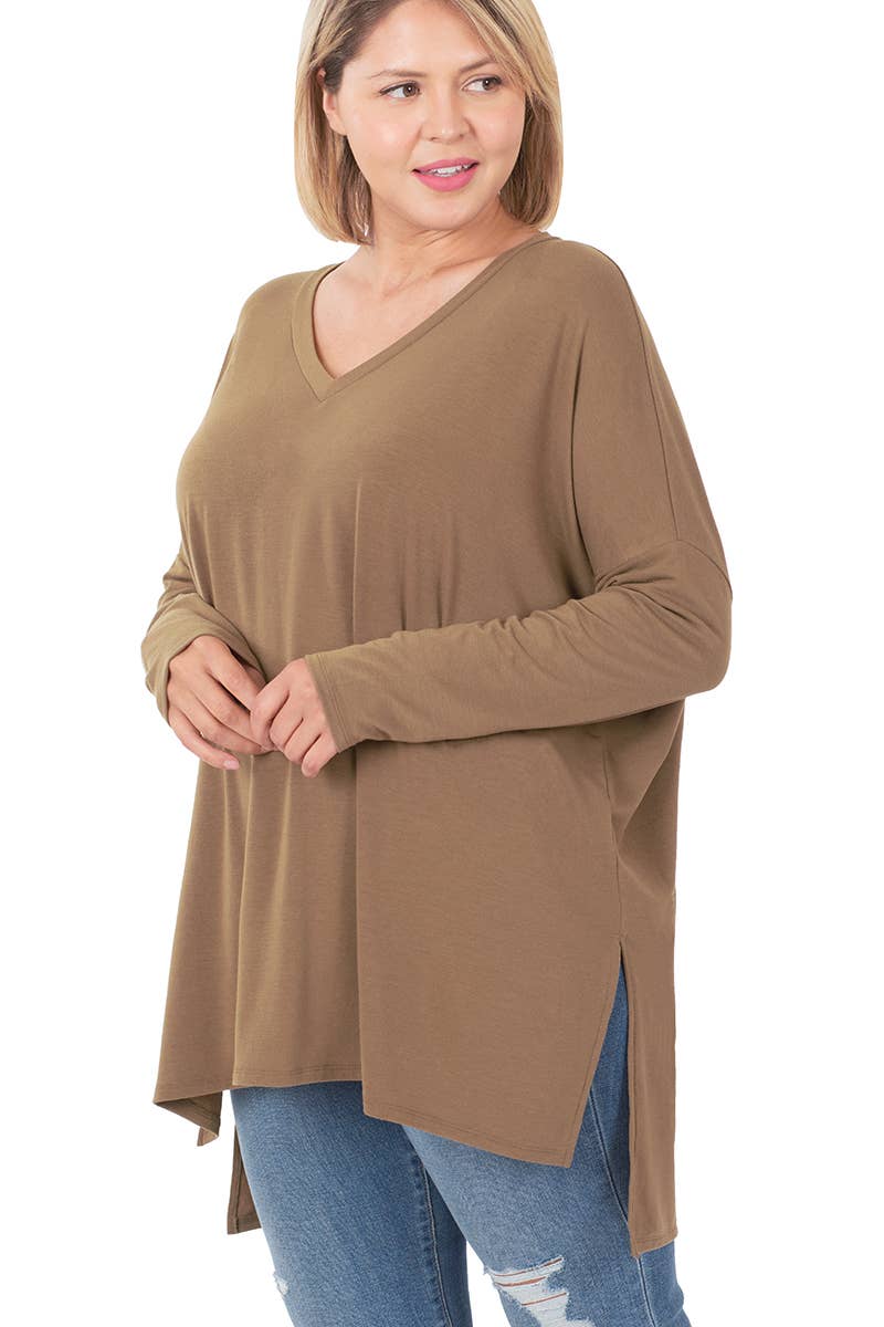 Plus Size Dolman Sleeve V-Neck Side Slit Hi-Low Hen Top