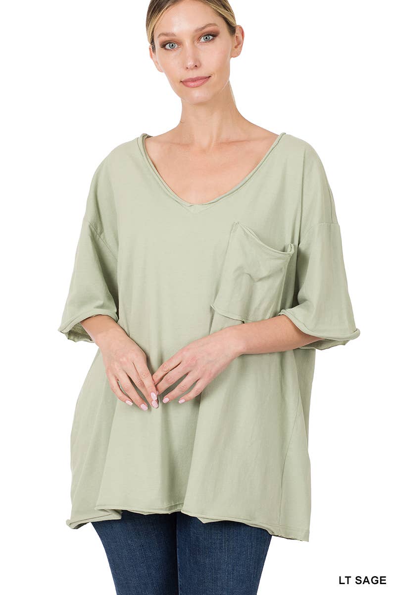 Oversized Front Pocket Raw Edge Boyfriend Tee