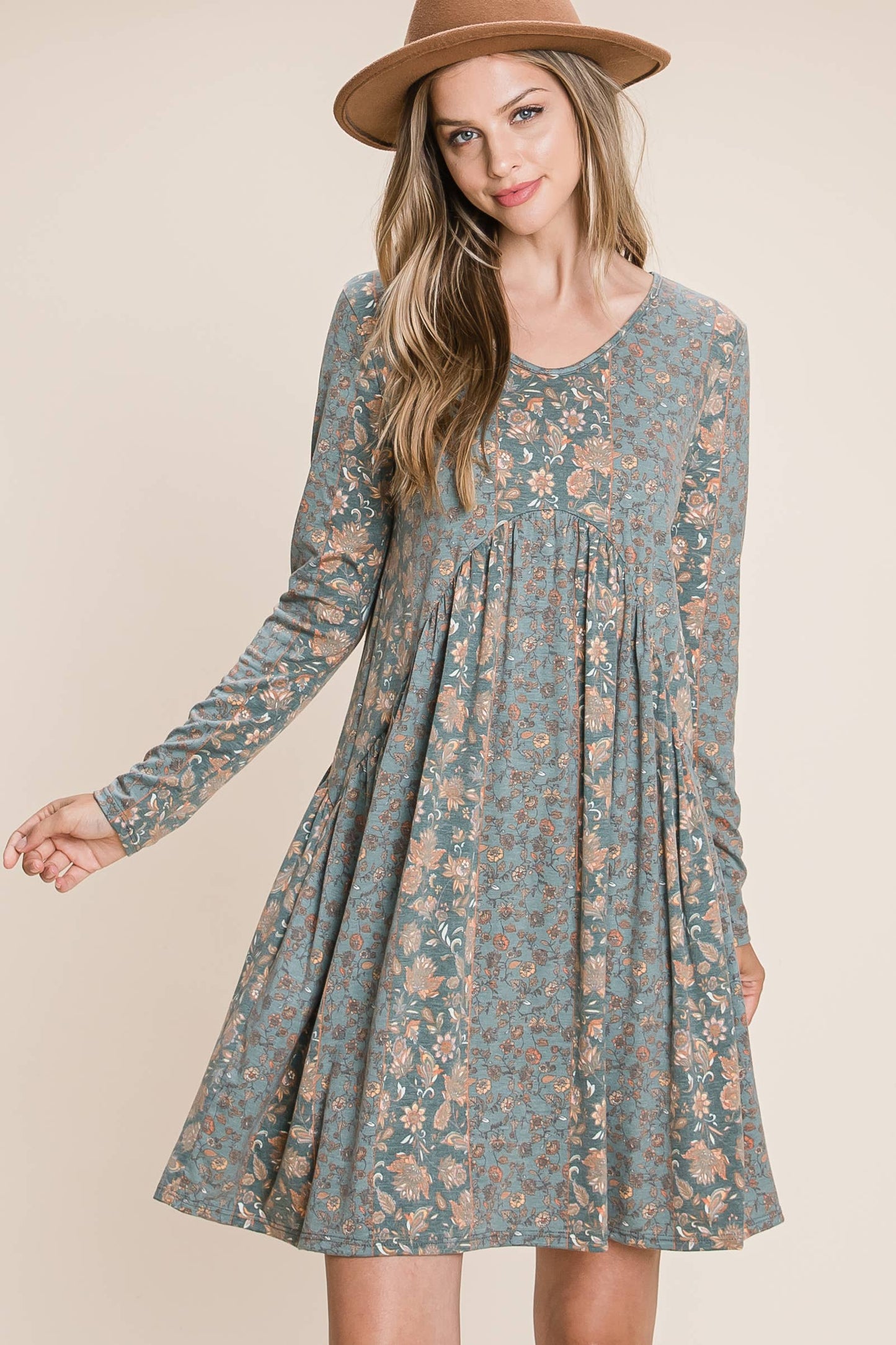 Teal Long Sleeve Floral Dress