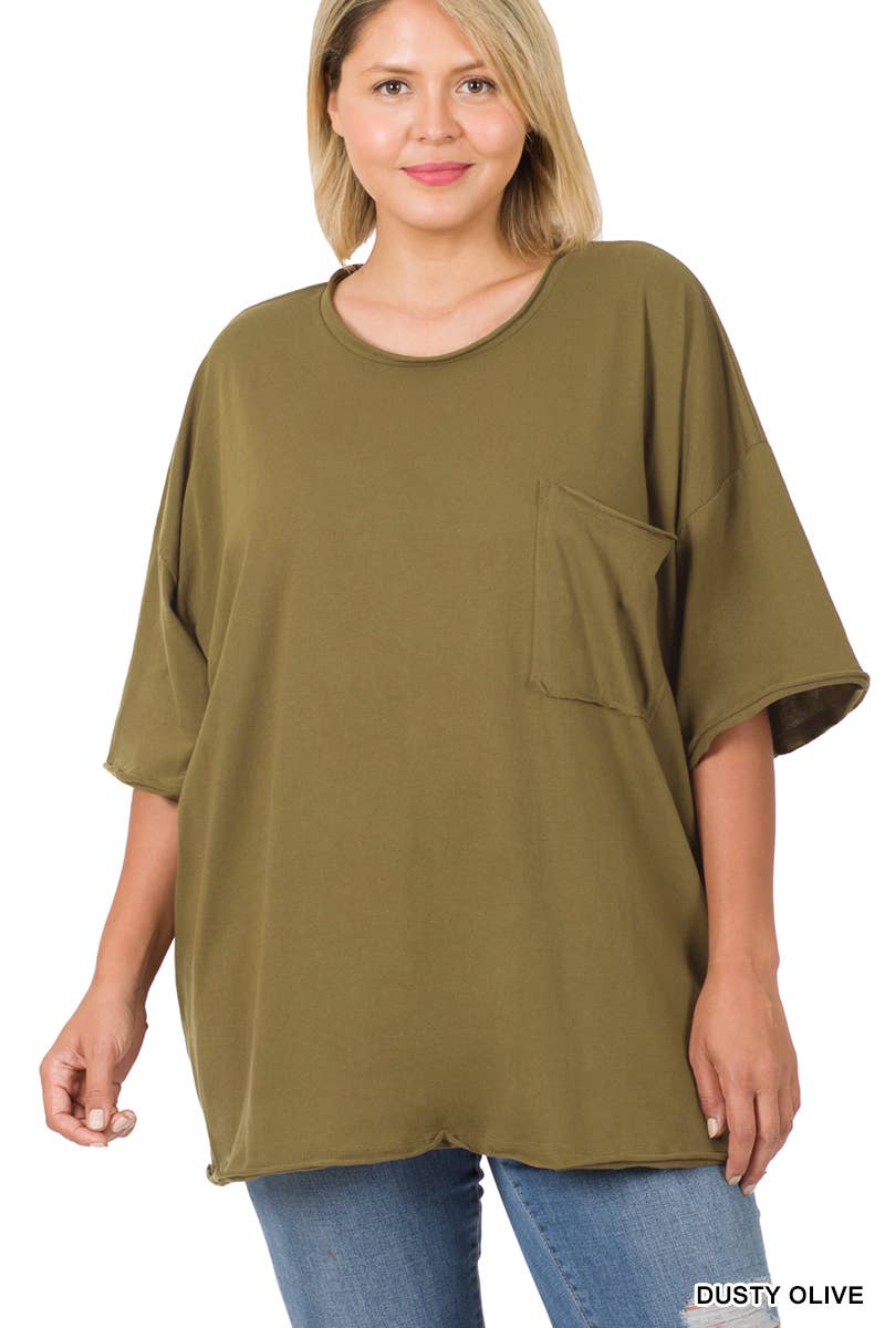 Plus Oversized Front Pocket Raw Edge Boyfriend Tee