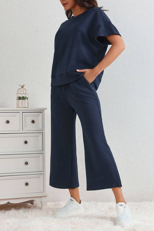 Navy Textured Loose Fit TShirt & Drawstring Pants Set