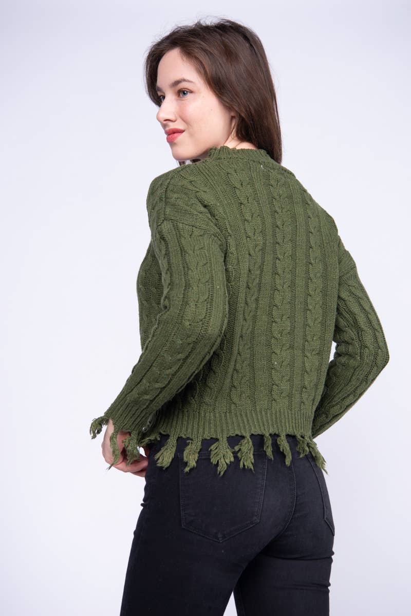 ***SALE*** Olive Fringed Hem Cable Knit Sweater Top