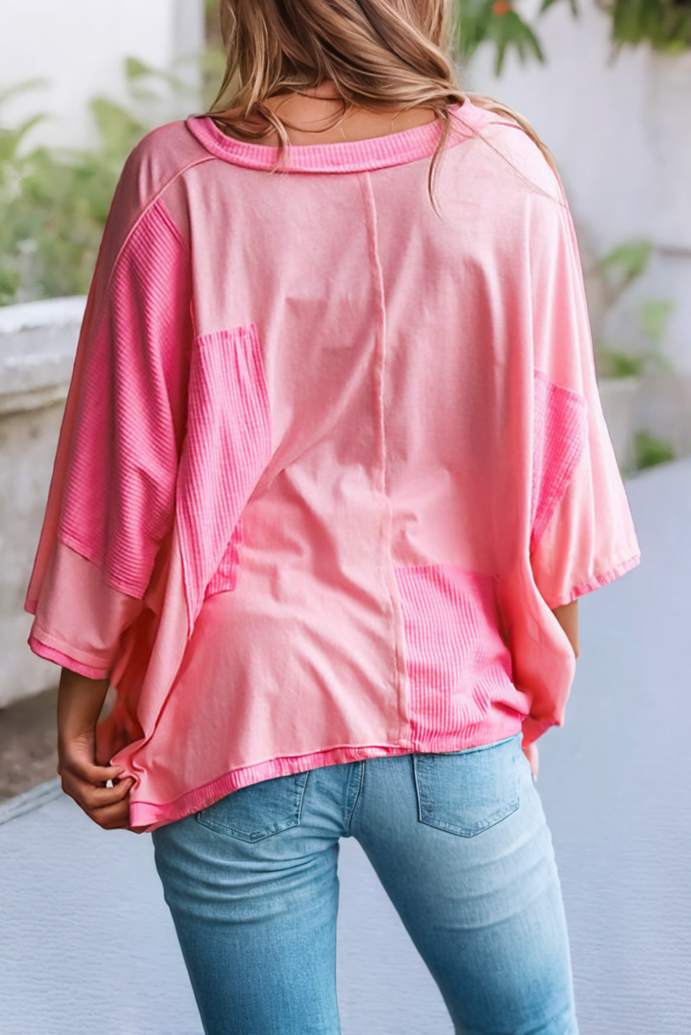 Pink ColorBlock Patchwork 3/4 Sleeve Loose Top