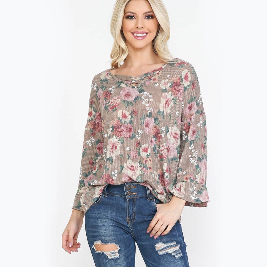 ***SALE*** Floral Print Ruffle Sleeve Waffle Blouse - T3207