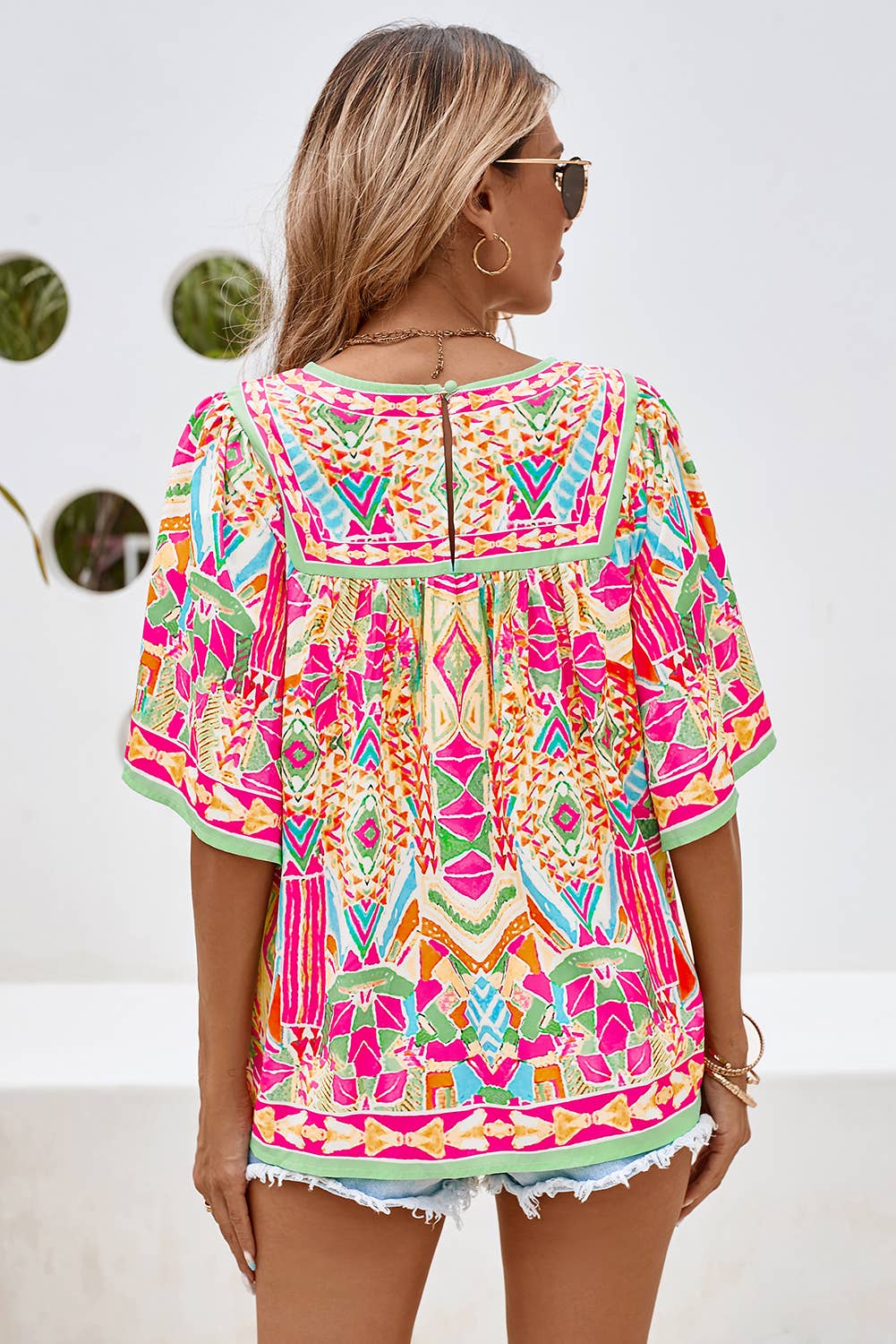 ***SALE*** LDC Geometric Print Bell Sleeve O Neck Babydoll Blouse