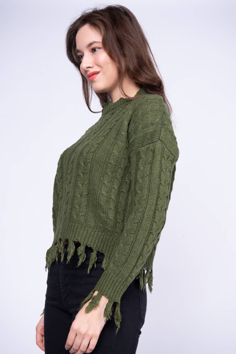 ***SALE*** Olive Fringed Hem Cable Knit Sweater Top