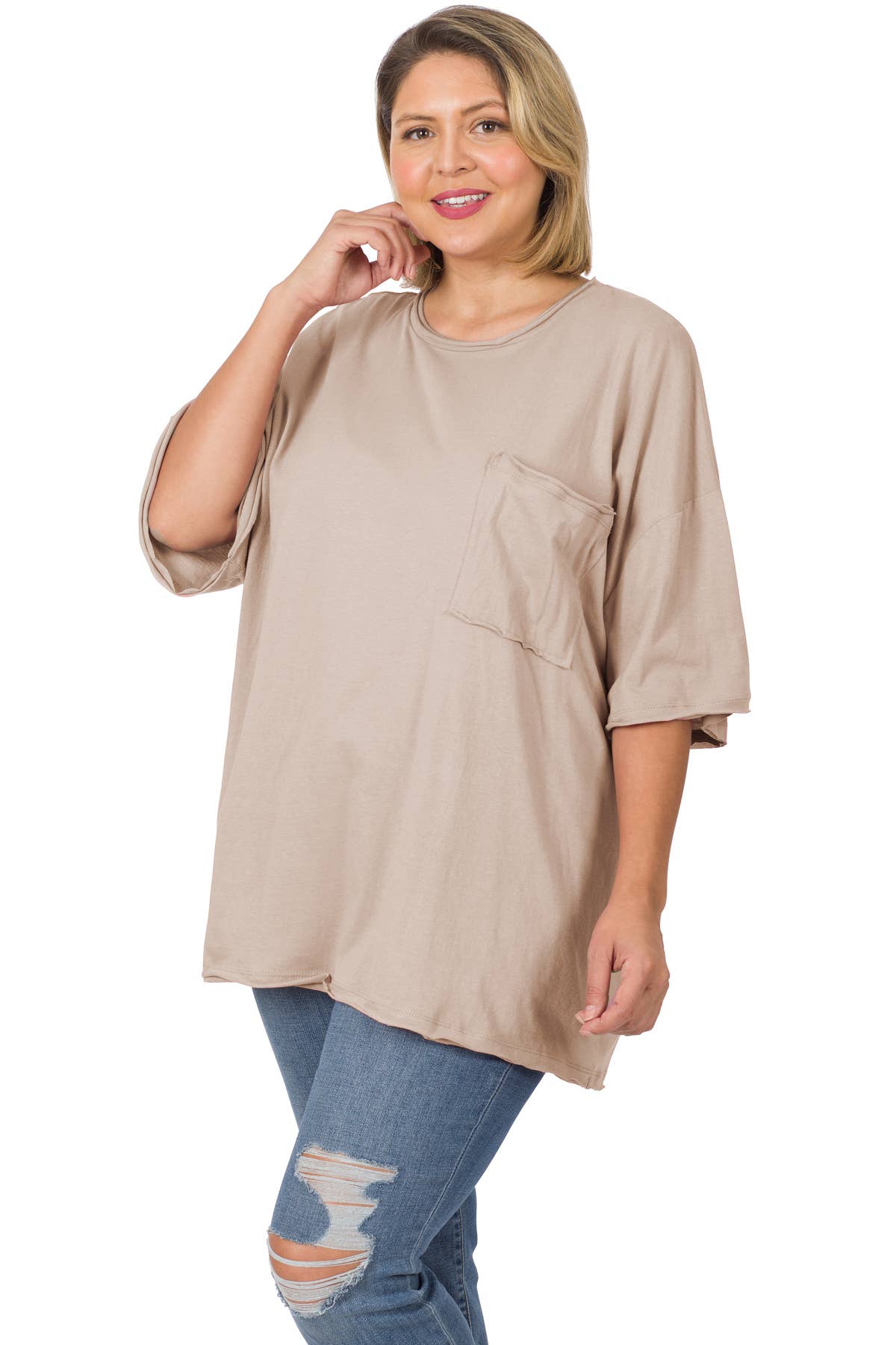 Plus Oversized Front Pocket Raw Edge Boyfriend Tee