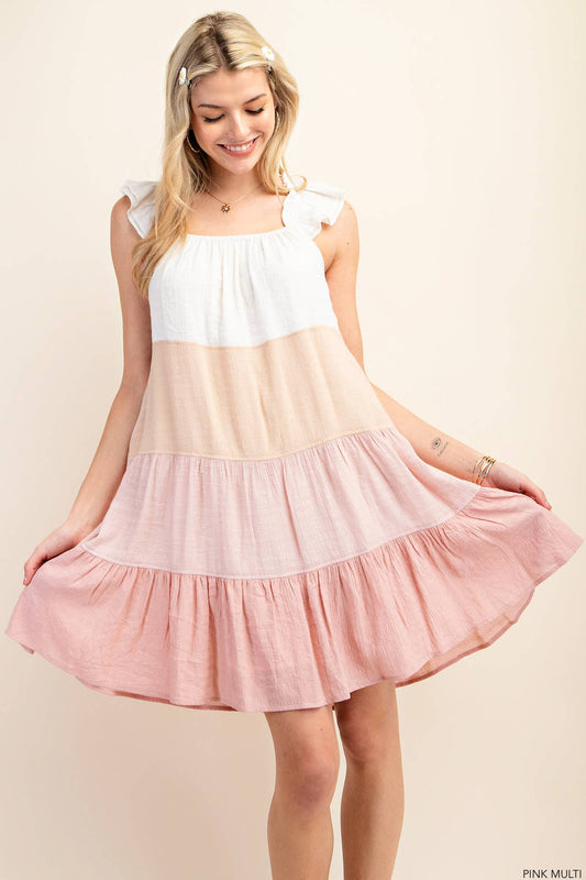 Soft Wash ColorBlock Tiered Ruffle Sleeve Dress