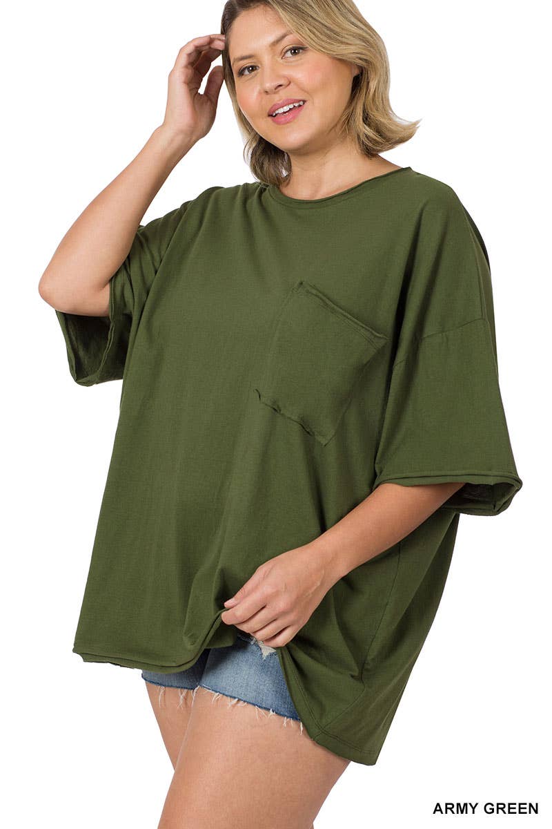Plus Oversized Front Pocket Raw Edge Boyfriend Tee