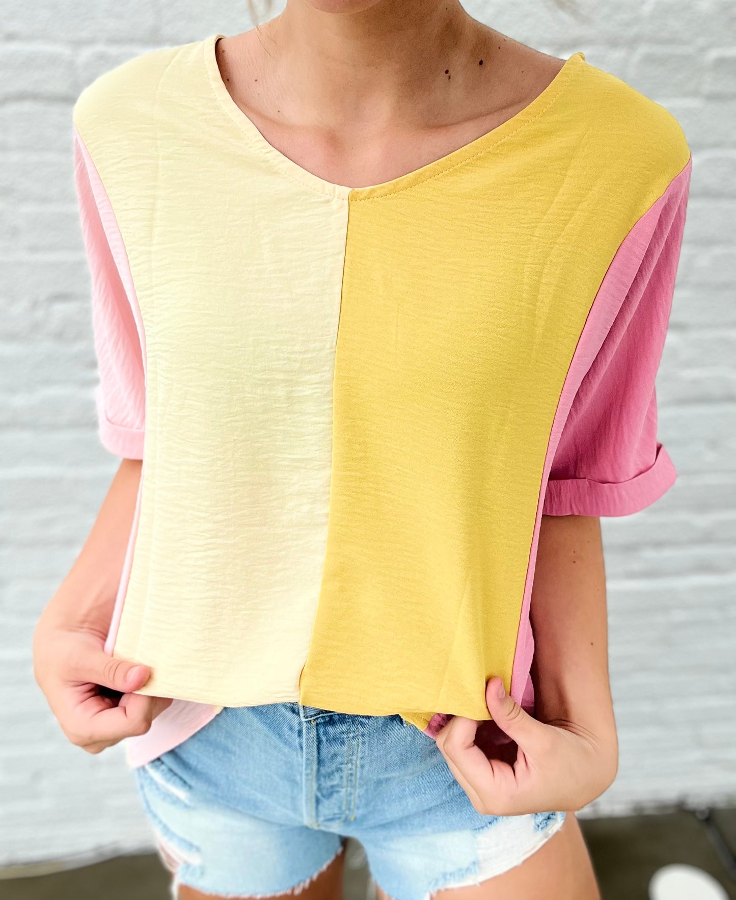 Yellow and Pink Color-blocked Blouse