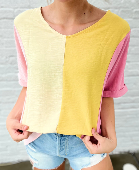 Yellow and Pink Color-blocked Blouse