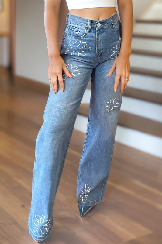 Womens Floral Rhinestone Trim Wide Leg Jeans | 6-16