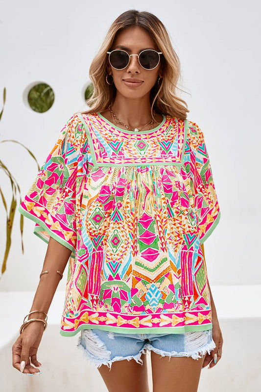 ***SALE*** LDC Geometric Print Bell Sleeve O Neck Babydoll Blouse