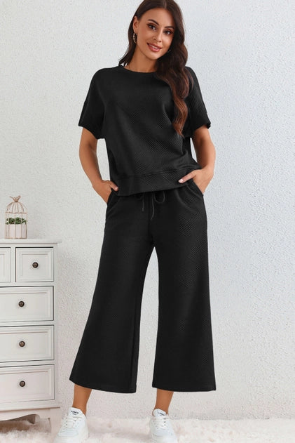 Black Textured Loose Fit TShirt & Drawstring Pants Set