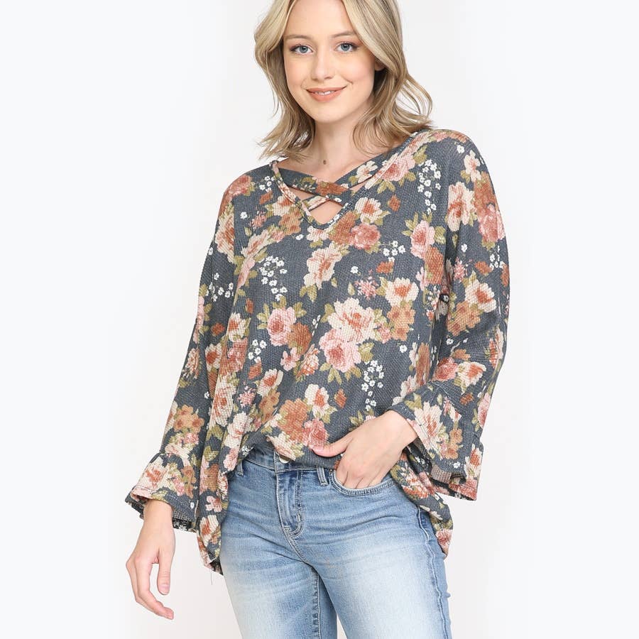 ***SALE*** Floral Print Ruffle Sleeve Waffle Blouse - T3207