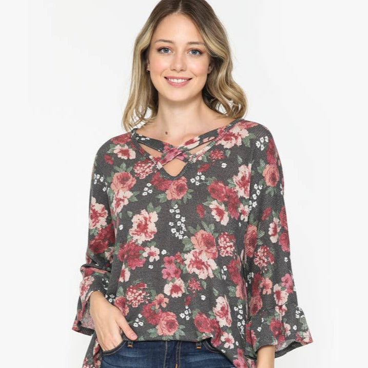 ***SALE*** Floral Print Ruffle Sleeve Waffle Blouse - T3207