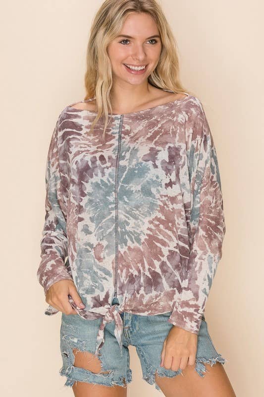 ***SALE*** Mauve Tie Dye Top,Relaxed Long Sleeves, Tie -Front