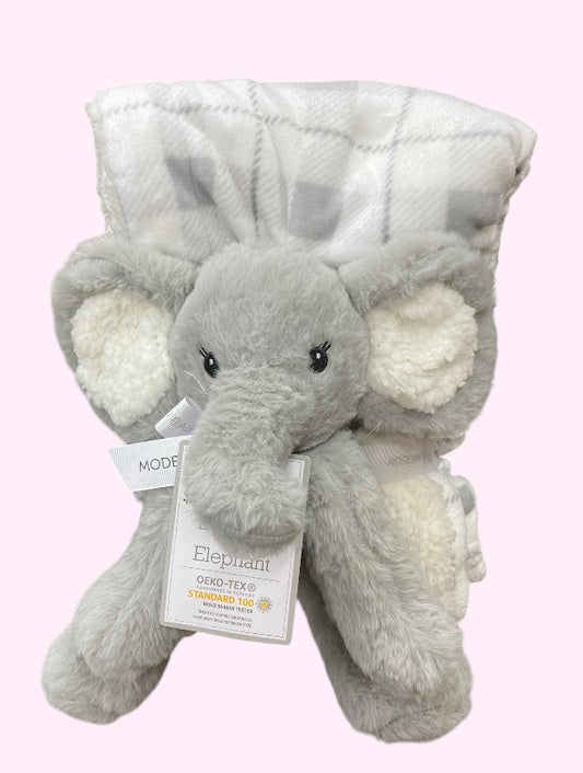 Grey Plush Elephant w/Plaid Blanket Set