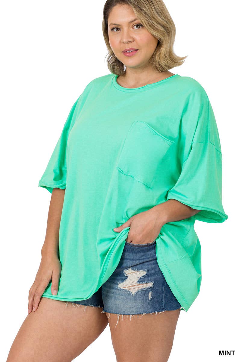 Plus Oversized Front Pocket Raw Edge Boyfriend Tee