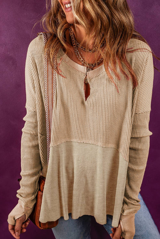 Beige Exposed Seam Slit Neck Waffle Knit Patchwork Top