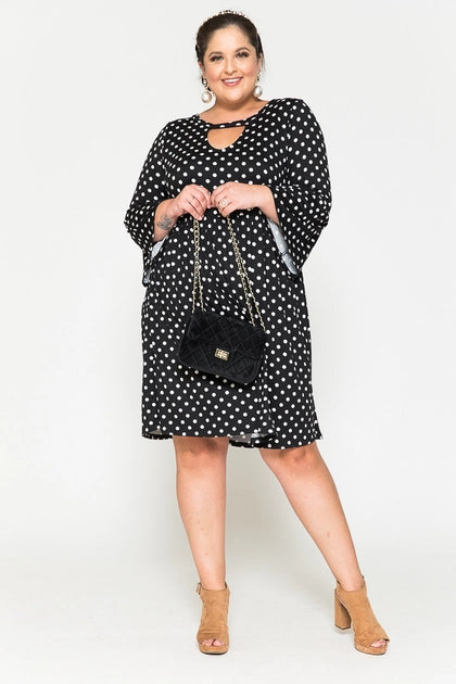 Plus Size Polka Dot Ruffle Sleeve Babydoll Midi Dress