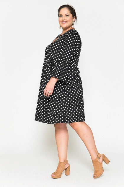 Plus Size Polka Dot Ruffle Sleeve Babydoll Midi Dress