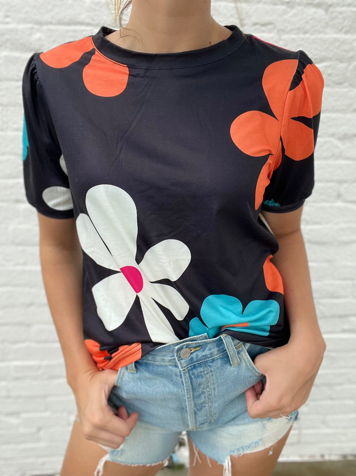 Black Floral Bubble Sleeve Top