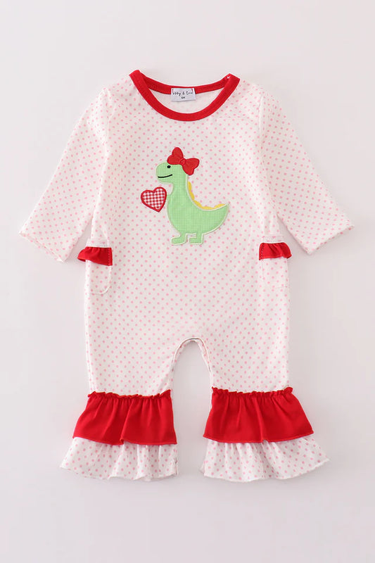 Pink Dinosaur Heart Appliqued Girl Romper