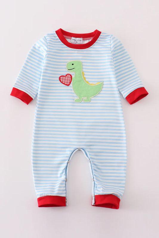 Blue Stripe Dino Heart Appliqued Boy Romper