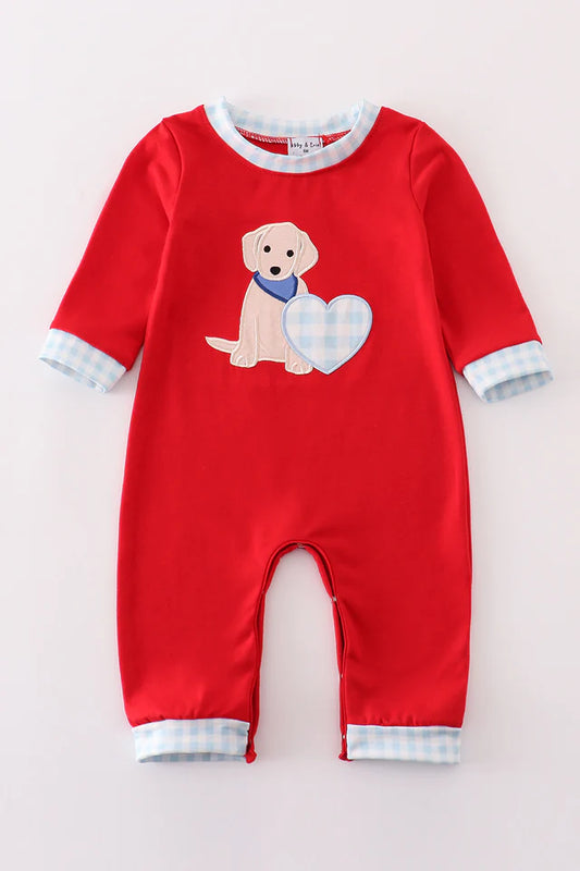 Red Puppy Heart Appliqued Boy Romper