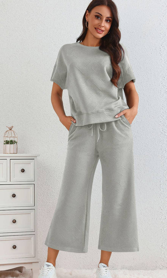 Grey Textured Loose Fit TShirt & Drawstring Pants Set