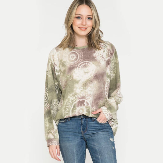 ***SALE*** Olive Tie Dye Circles Fleece Sweater - T3245FF