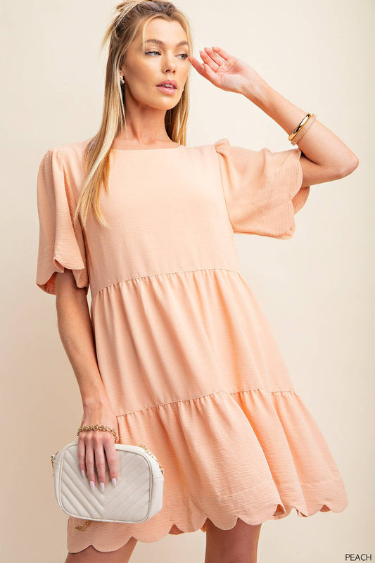 Peach Linen Effect Babydoll Dress w/Puff Sleeves