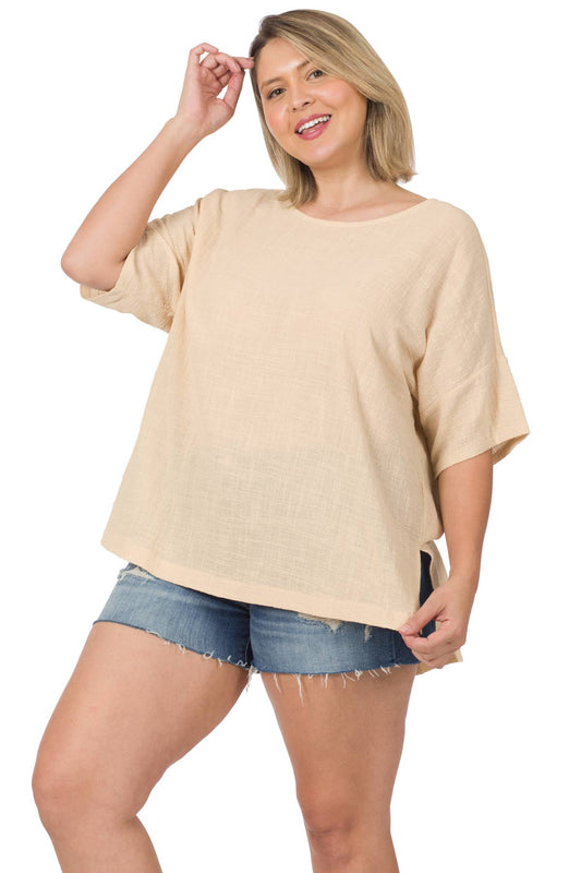 42P Plus Size Woven Gauze Round Neck Hi-Low Hem