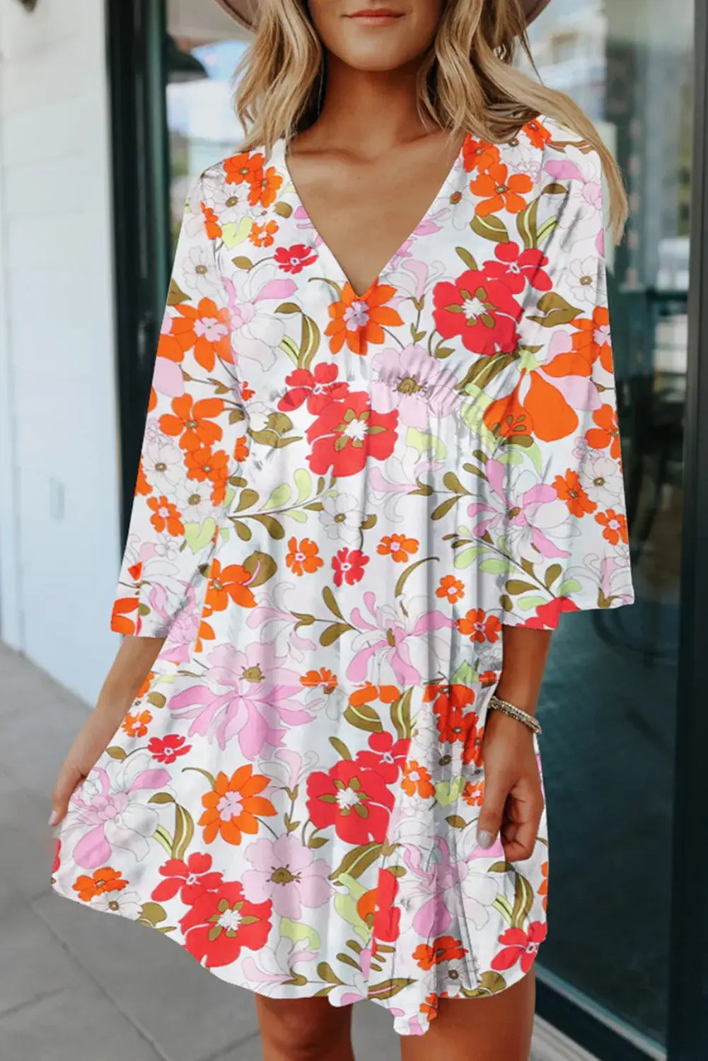 Orange Floral VNeck 3/4 Sleeve Dress
