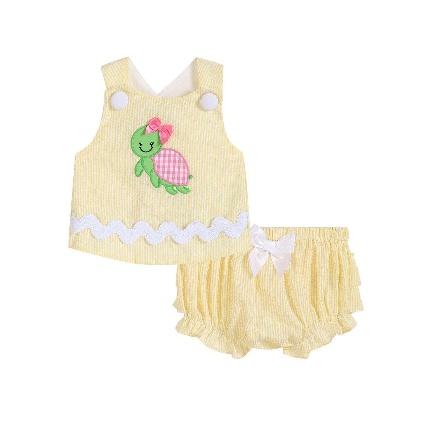 Yellow Seersucker Turtle 2pc Baby Bloomer Set