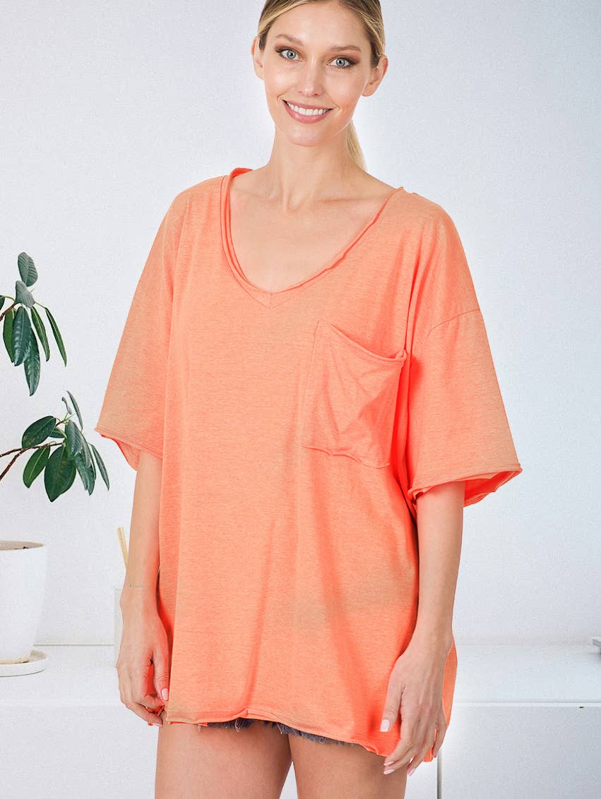 Oversized Front Pocket Raw Edge Boyfriend Tee