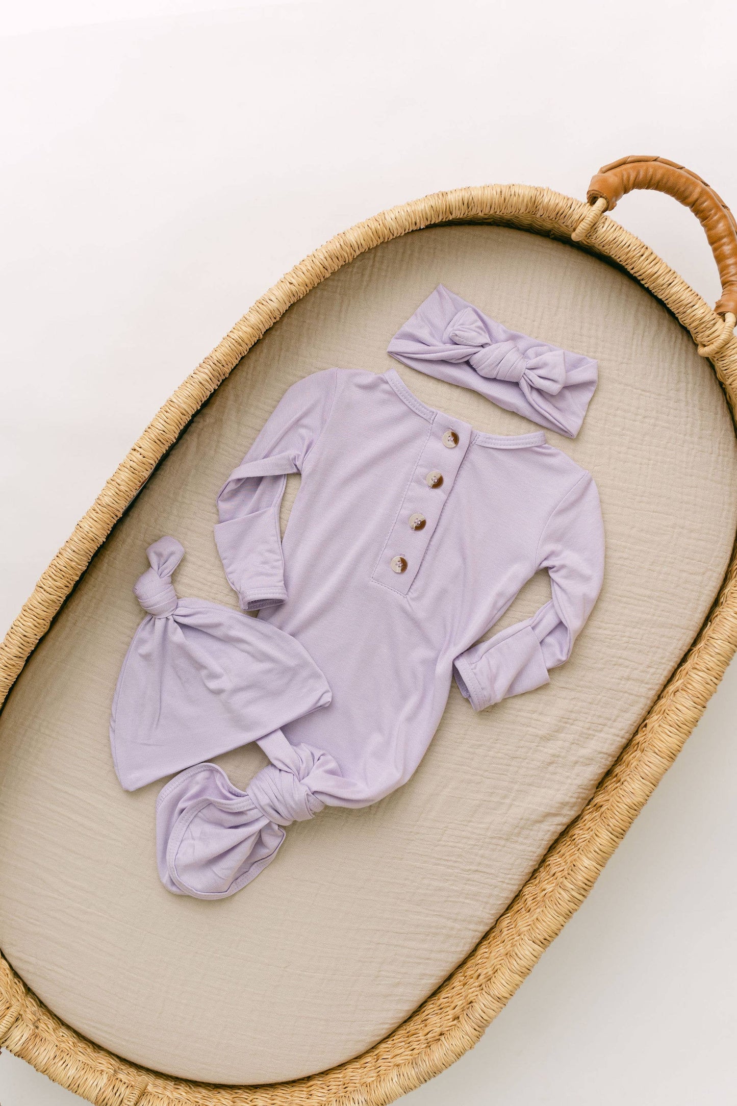 Lavender NB/3M Knot Baby Gown, Hat/Headband Set