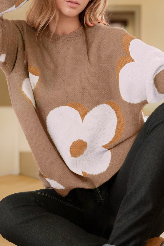 Camel Flower Pattern Slouchy Sweater