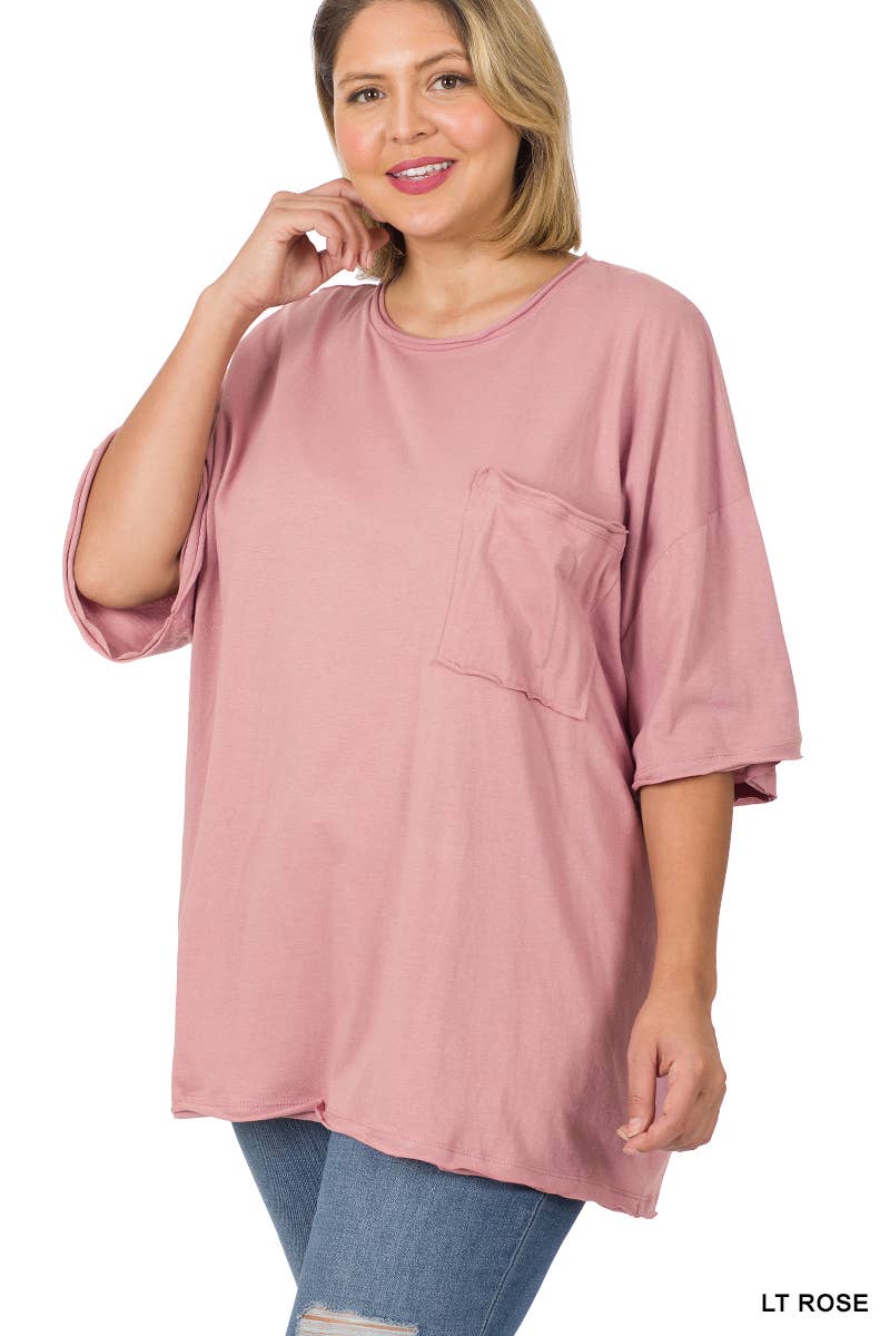 Plus Oversized Front Pocket Raw Edge Boyfriend Tee