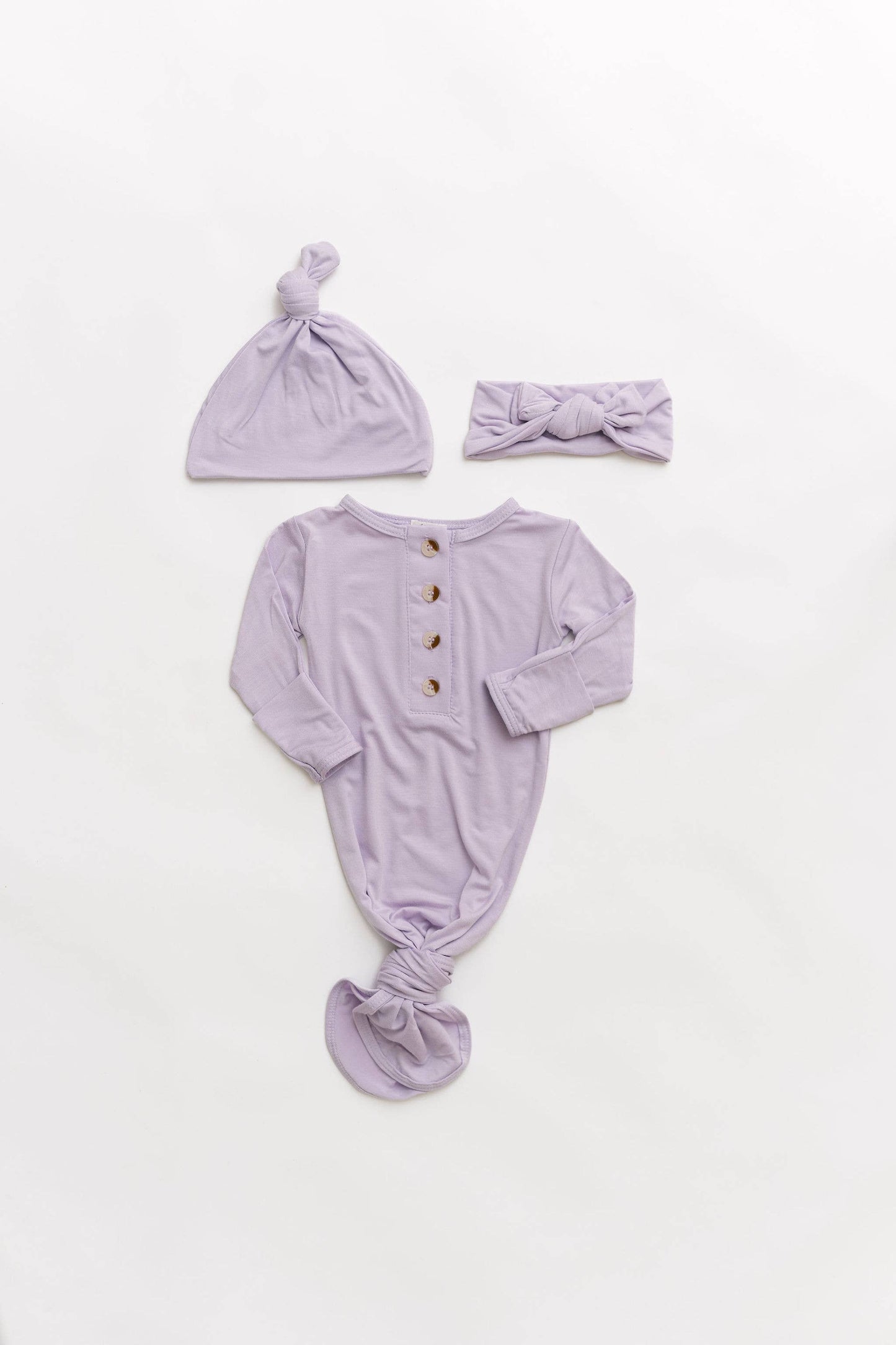 Lavender NB/3M Knot Baby Gown, Hat/Headband Set