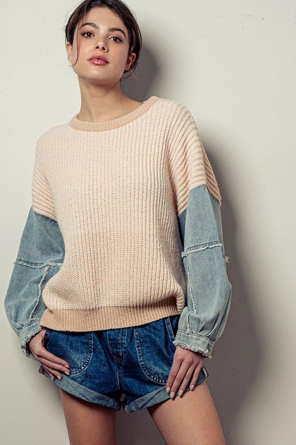 ***SALE*** Two Tone Knit Denim Sleeve Drop Shoulder Sweater