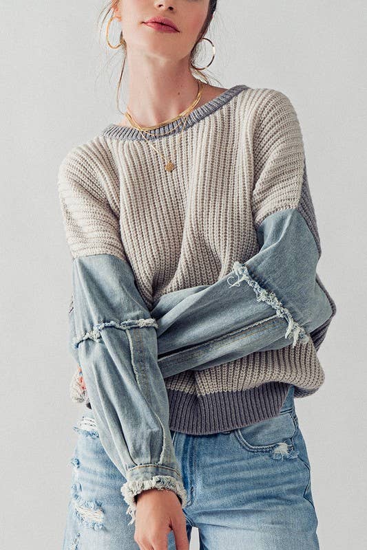 ***SALE*** Grey Two Tone Knit Denim Sleeve Drop Shoulder Sweater