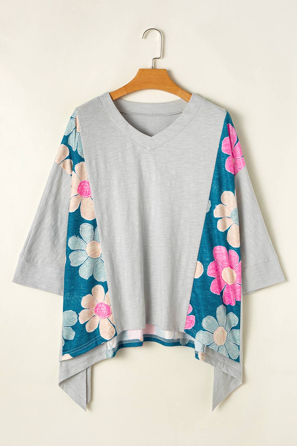 Grey Patchwork Floral VNeck Bracelet Sleeve Oversized Blouse