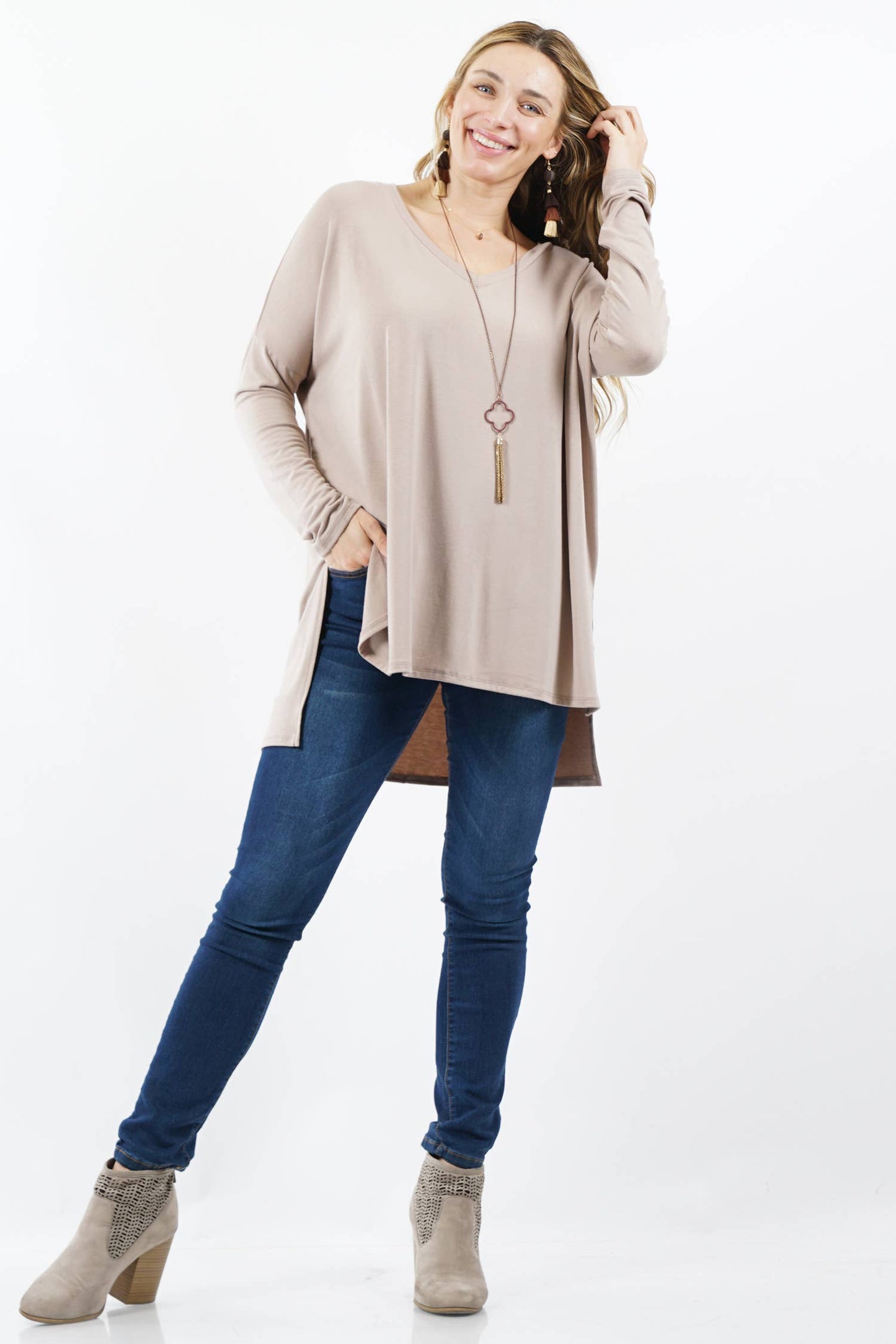 Plus Size Dolman Sleeve V-Neck Side Slit Hi-Low Hen Top